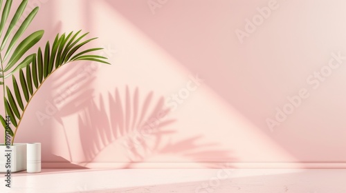 Minimalist pink background with potted plant shadow © Photocreo Bednarek