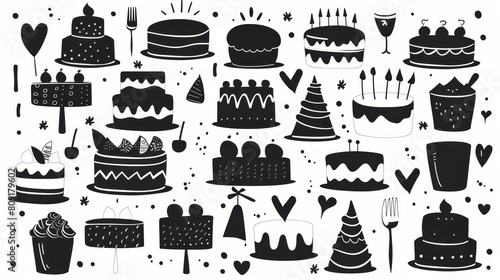  A monochrome drawing of assorted cakes and desserts against a pristine white backdrop, embellished with confetti and sprinkles