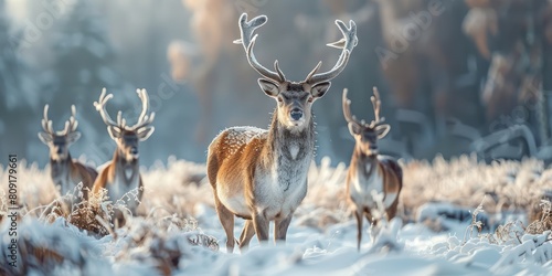 A majestic deer stands in a snowy field, surrounded by his herd. The sun is rising behind him, casting a warm glow over the scene.