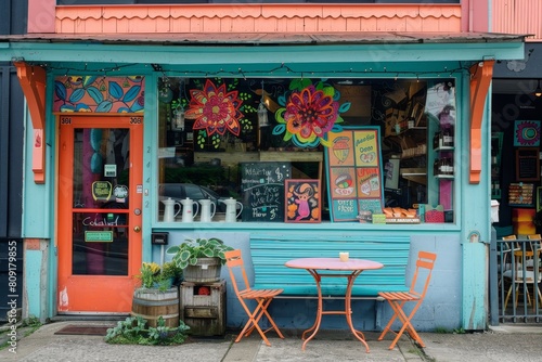 A cheerful store front with a table and chairs outside for customers to enjoy, A cheery storefront with a hand-painted sign and sidewalk seating