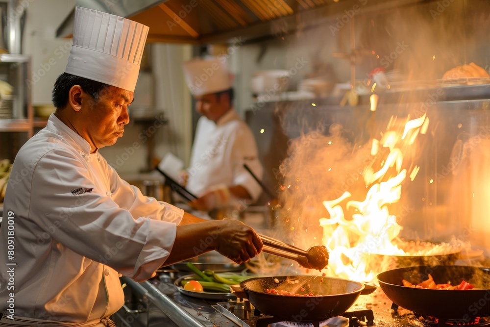 A chef is busy grilling food on a grill in a kitchen setting, A chef cooking in a kitchen setting A chef is busy grilling food on a grill in a kitchen setting, A chef cooking in a kitchen setting