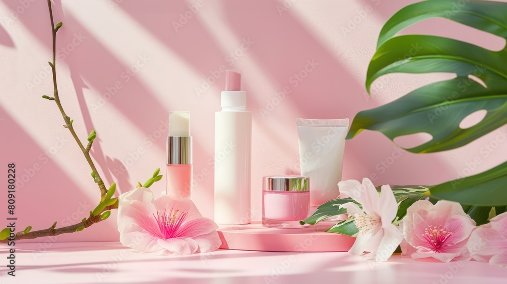 A serene display of beauty products surrounded by tropical leaves and pink flowers, conveying a sense of freshness and pureness A serene display of beauty products surrounded by tropical leaves and pink flowers, conveying a sense of freshness and pureness