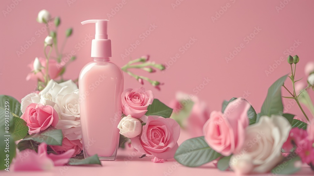 Soft focused image of a rose-colored beauty product bottle surrounded by a bouquet of white and pink roses, evoking romance and care Soft focused image of a rose-colored beauty product bottle surrounded by a bouquet of white and pink roses, evoking romance and care