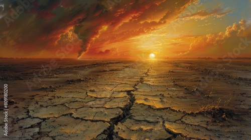 A painting of a cracked desert with a red sky and a large storm in the distance.