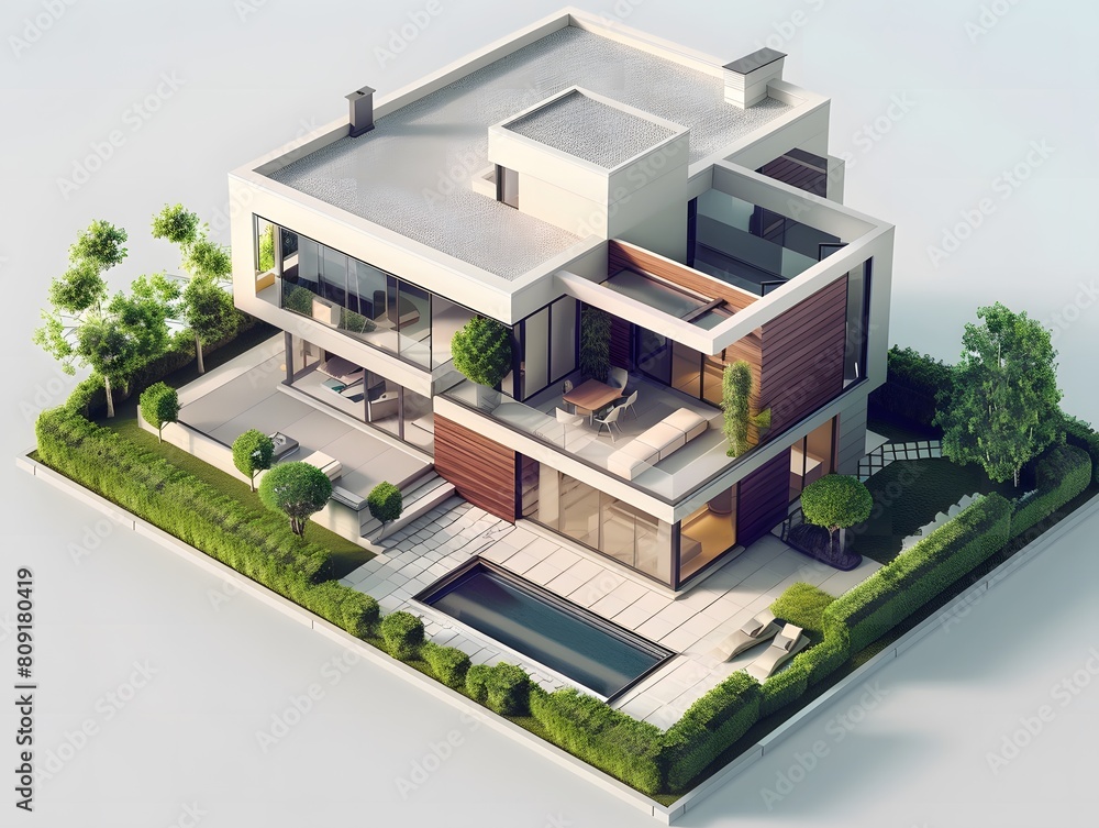 Isometric diorama of a modern house. Contemporary three-dimensional architecture, scale and miniature concept. Isometric diorama of a modern house. Contemporary three-dimensional architecture, scale and miniature concept.