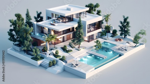 Isometric diorama of a modern house. Contemporary three-dimensional architecture, scale and miniature concept.