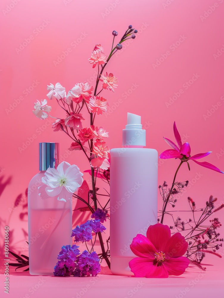 Two transparent cosmetic bottles alongside a mix of vibrant fresh flowers on a pink background, suggesting natural beauty care Two transparent cosmetic bottles alongside a mix of vibrant fresh flowers on a pink background, suggesting natural beauty care