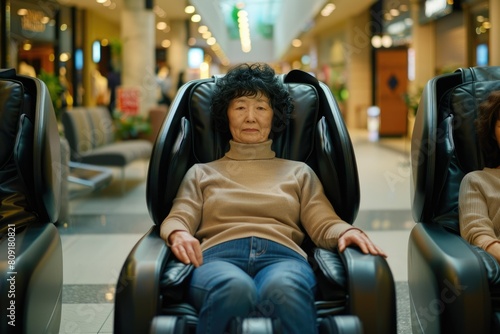 asian woman sitting in a massage chair. rest in a shopping center. Asia. China, Thailand, Korea