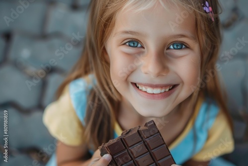 child, girl with a chocolate bar in her hand.cocoa beans fruit. happiness. childhood chocolate Factory. sweetness. dessert photo