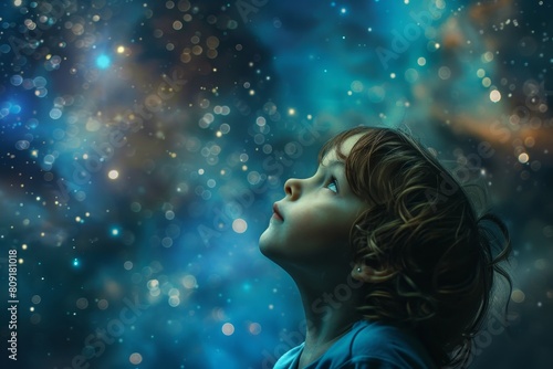 A young girl gazes up at the stars with wonder and curiosity in a nighttime scene, A child dreaming while gazing up at the stars
