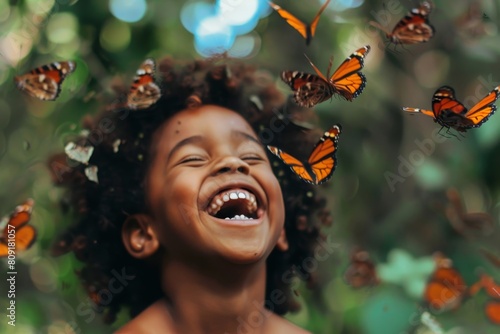 A young girl joyfully laughing in the midst of a swarm of vibrant butterflies, A child laughing while chasing butterflies © Iftikhar alam