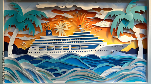 A vibrant paper art composition featuring a cruise ship against a backdrop of a fiery summer sunset, ideal for holiday and party themes
