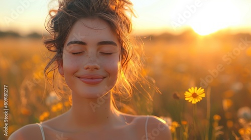 happy smiling woman on the fields at sunset © oktzz