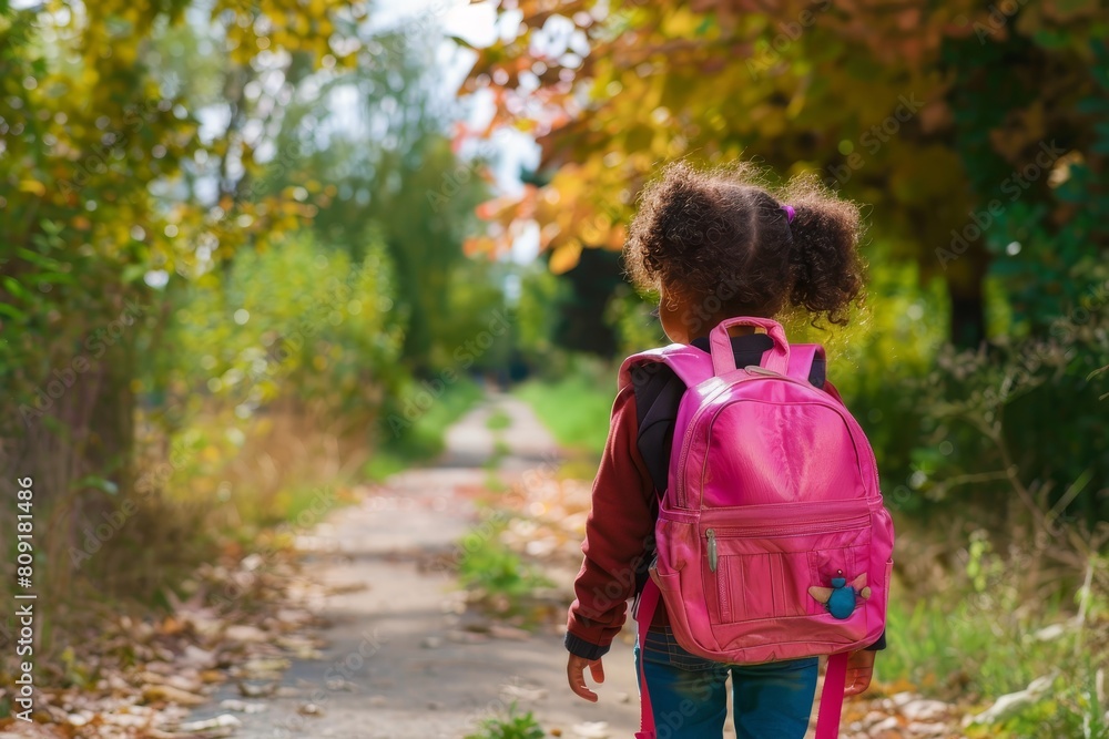 A little girl with a pink backpack is walking down a path, A child with a backpack heading to school
