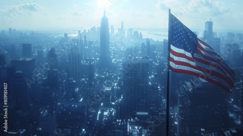 The American flag in front of a city. 