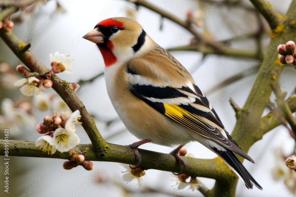 Wild Goldfinch perched on a branch, goldfinch bird, Carduelis carduelis, perched eating seeds during Winter season, Ai generated Wild Goldfinch perched on a branch, goldfinch bird, Carduelis carduelis, perched eating seeds during Winter season, Ai generated