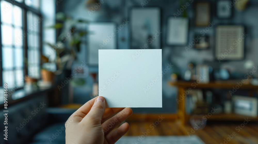 Person, hand and blank card with mockup for note, message or page in living room at home. Closeup of empty paper, poster or small sign for alert, notification or reminder of agenda, memo or tasks Person, hand and blank card with mockup for note, message or page in living room at home. Closeup of empty paper, poster or small sign for alert, notification or reminder of agenda, memo or tasks