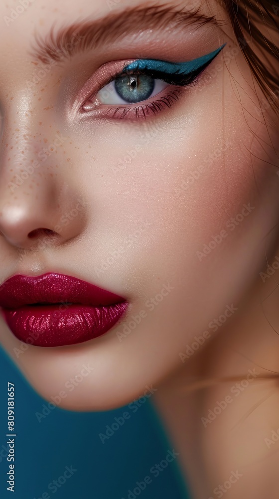 Close-up portrait of a woman with striking blue eyeliner and deep red lipstick, showcasing bold makeup. Close-up portrait of a woman with striking blue eyeliner and deep red lipstick, showcasing bold makeup.