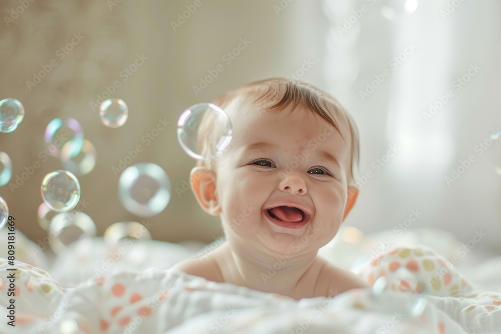 A chubby baby with rosy cheeks and a dimpled chin is laughing while playing with soap bubbles, A chubby baby with rosy cheeks and a dimpled chin, blowing bubbles and cooing happily A chubby baby with rosy cheeks and a dimpled chin is laughing while playing with soap bubbles, A chubby baby with rosy cheeks and a dimpled chin, blowing bubbles and cooing happily