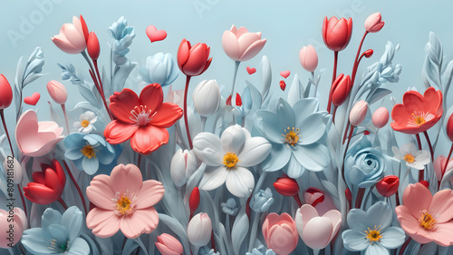 Pastel blue illustration with spring flowers  abstract background with copy space