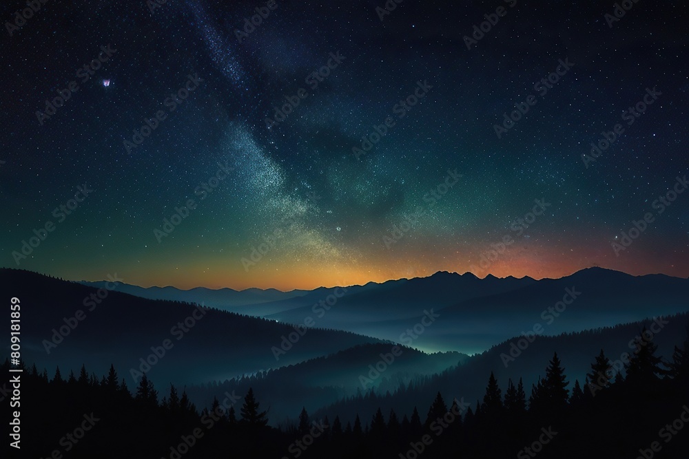 Fototapeta premium Eerie Night Fog-Enveloped Forest Beneath a Full Moonlit Sky, Cast in Cold Blue Hues. Perfect Halloween Setting