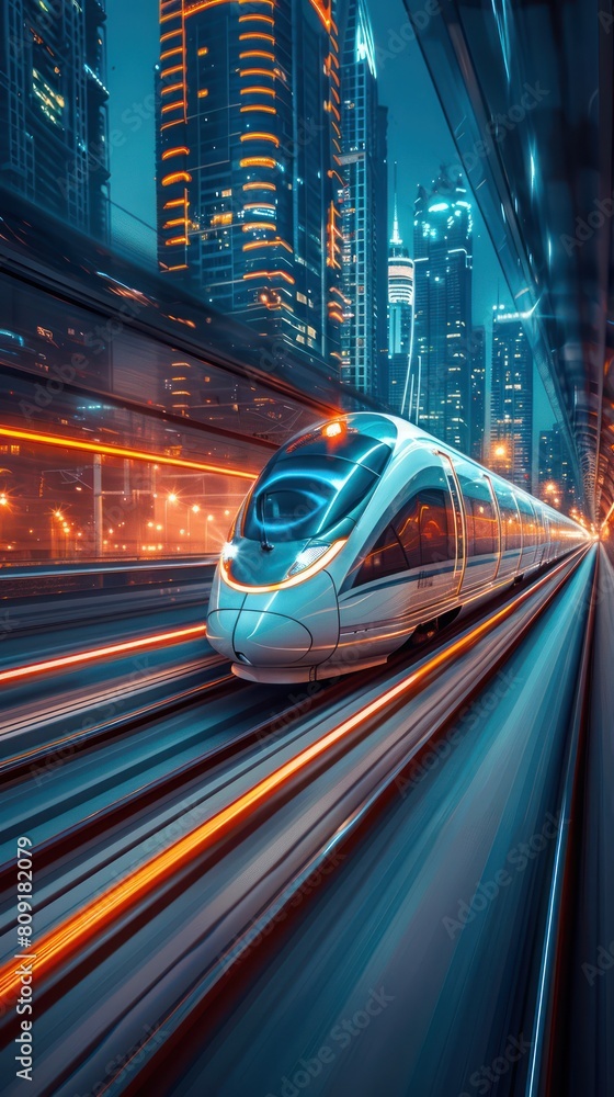 Fototapeta premium A sleek and futuristic train speeds through a modern city at night, leaving a trail of light behind it.