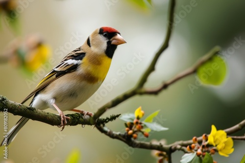 Wild Goldfinch perched on a branch, goldfinch bird, Carduelis carduelis, perched eating seeds  during Winter season, Ai generated © Tanu