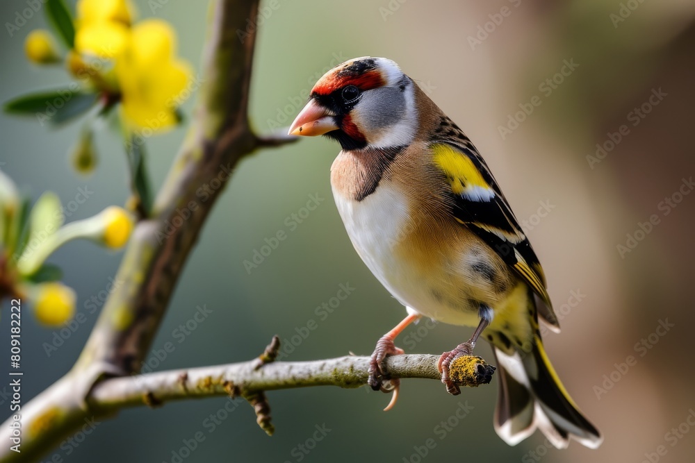 Wild Goldfinch perched on a branch, goldfinch bird, Carduelis carduelis, perched eating seeds during Winter season, Ai generated Wild Goldfinch perched on a branch, goldfinch bird, Carduelis carduelis, perched eating seeds during Winter season, Ai generated