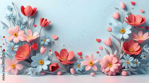 Pastel blue illustration with spring flowers  abstract background with copy space