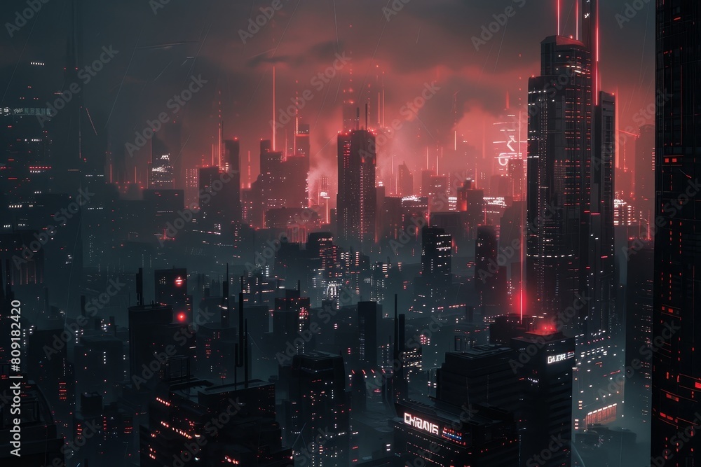 Fototapeta premium A cityscape dominated by towering skyscrapers illuminated with red lights, showcasing a futuristic urban environment, A cityscape controlled by a totalitarian regime using advanced tech