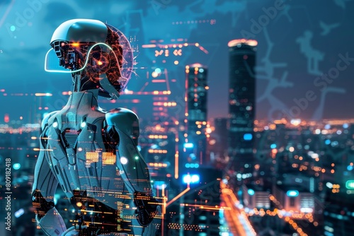 A futuristic woman stands in front of a city dominated by advanced robotics and a neon-lit skyline at night, A cityscape dominated by advanced robotics and automation