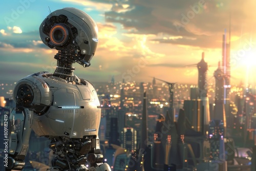 A futuristic robot standing in front of a city skyline, showcasing the blend of technology and urban life, A cityscape dominated by advanced robotics and automation