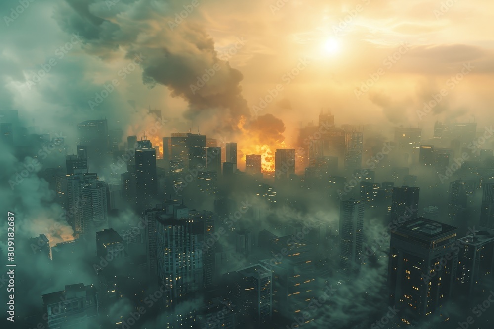 Fototapeta premium A large city releasing thick clouds of smoke into the air, A cityscape engulfed in a nanotech plague