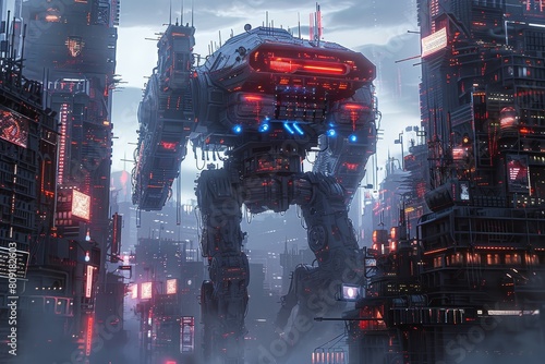 A futuristic cityscape with a towering giant robot standing in the center, A cityscape dominated by massive mechs and war machines photo