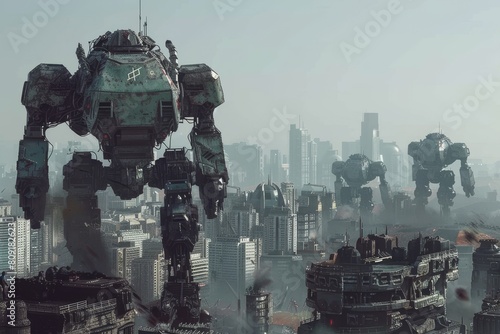 A towering robot stands in front of a cityscape filled with skyscrapers and urban buildings, A cityscape dominated by massive mechs and war machines photo