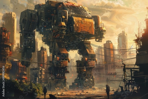 A futuristic cityscape featuring a colossal robot towering over buildings  A cityscape dominated by massive mechs and war machines