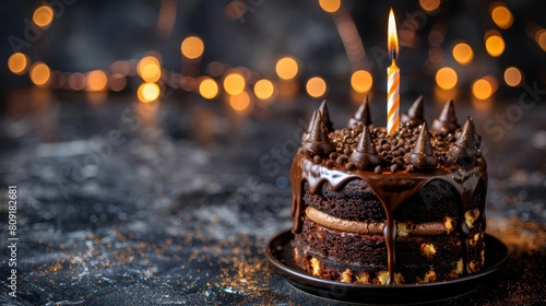   A chocolate cake atop a plate, smothered in chocolate frosting, with a lit candle crowning it photo