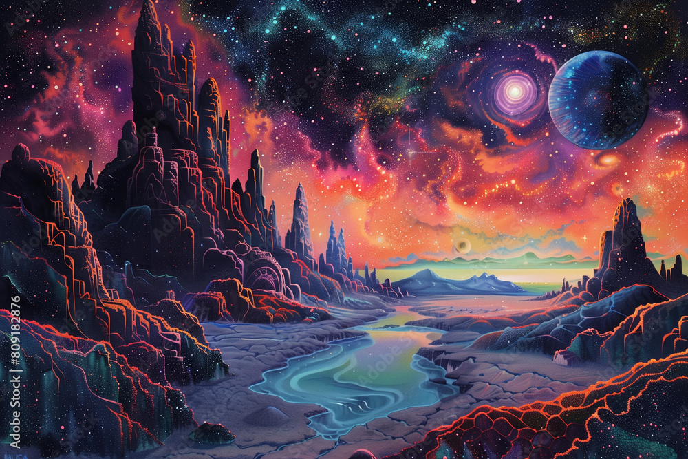 Surreal Cosmic Landscape with Neon Colors and Mysterious Planets
