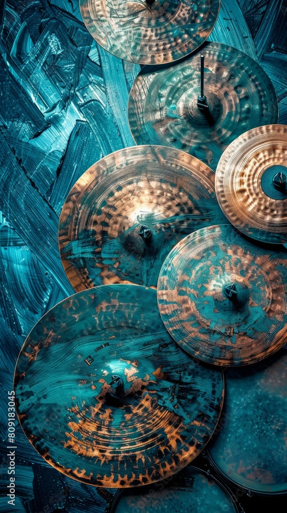 Artistic display of aged cymbals with blue patina. Creative photography of music instruments with abstract background