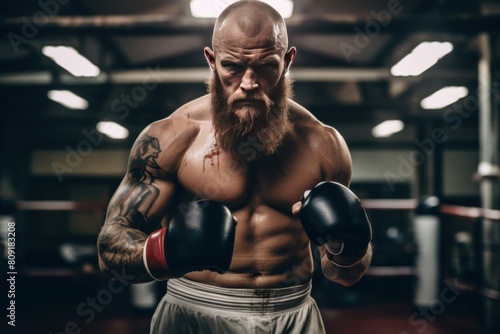Fierce male boxer with tattoos poses with boxing gloves in a dimly lit gym © juliars