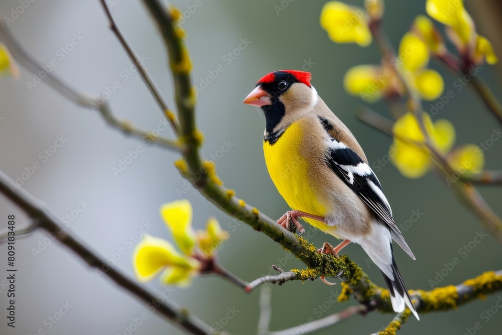 Wild Goldfinch perched on a branch, goldfinch bird, Carduelis carduelis, perched eating seeds during Winter season, Ai generated Wild Goldfinch perched on a branch, goldfinch bird, Carduelis carduelis, perched eating seeds during Winter season, Ai generated