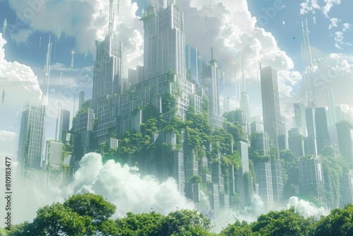 A cityscape blending with lush trees and clouds in a futuristic setting  A cityscape transformed by genetic engineering and biotechnology
