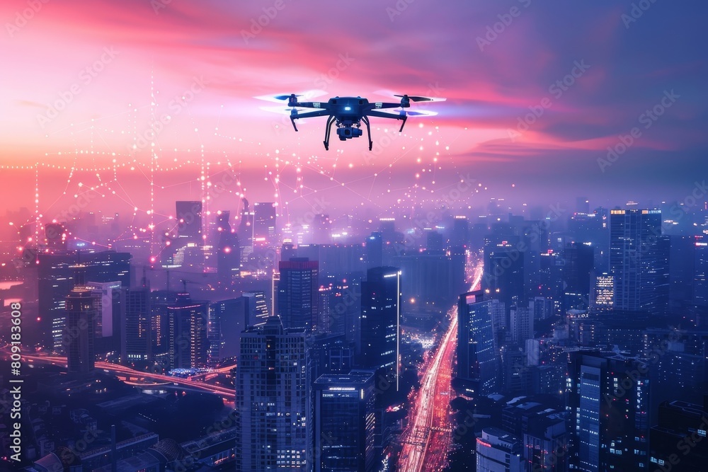 A small plane flies over a cityscape, showcasing the urban landscape from above, A cityscape under constant surveillance by drones and AI A small plane flies over a cityscape, showcasing the urban landscape from above, A cityscape under constant surveillance by drones and AI