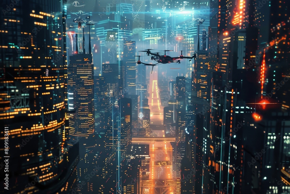 An airplane with navigation lights flies over a city at night, illuminating the urban landscape below, A cityscape under constant surveillance by drones and AI