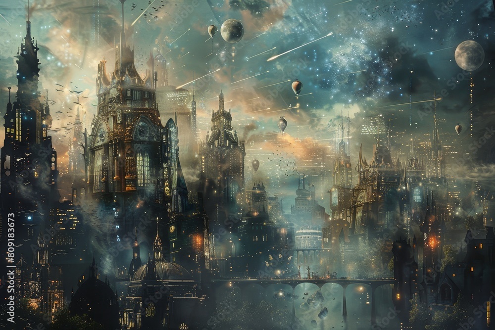 Painting depicting a city at night with numerous stars shining in the sky, A cityscape where dreams are manifested into reality Painting depicting a city at night with numerous stars shining in the sky, A cityscape where dreams are manifested into reality
