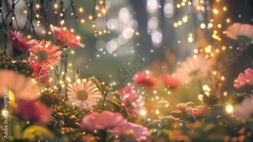 The magical secret garden with flowers and fairy lights fireflies. photo