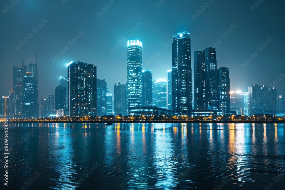 Fototapeta premium The city skyline is aglow with lights from the lit-up office buildings, creating a striking scene against the night sky, A city skyline at night, with office buildings lit up like beacons