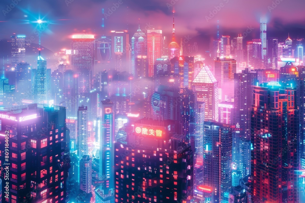 A busy city filled with numerous tall buildings illuminated by vibrant neon lights at night, A city skyline illuminated with neon lights and vibrant displays