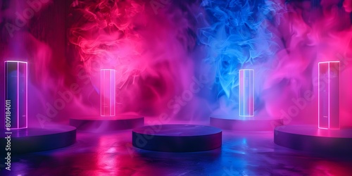 Abstract Stage Design with Neon-Lit Podiums and Mockups of Cosmetic Product Packaging. Concept Stage Design, Neon Lighting, Podiums, Cosmetic Products, Mockups