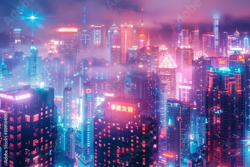 Wallpaper Mural A busy city filled with numerous tall buildings illuminated by vibrant neon lights at night, A city skyline illuminated with neon lights and vibrant displays Torontodigital.ca